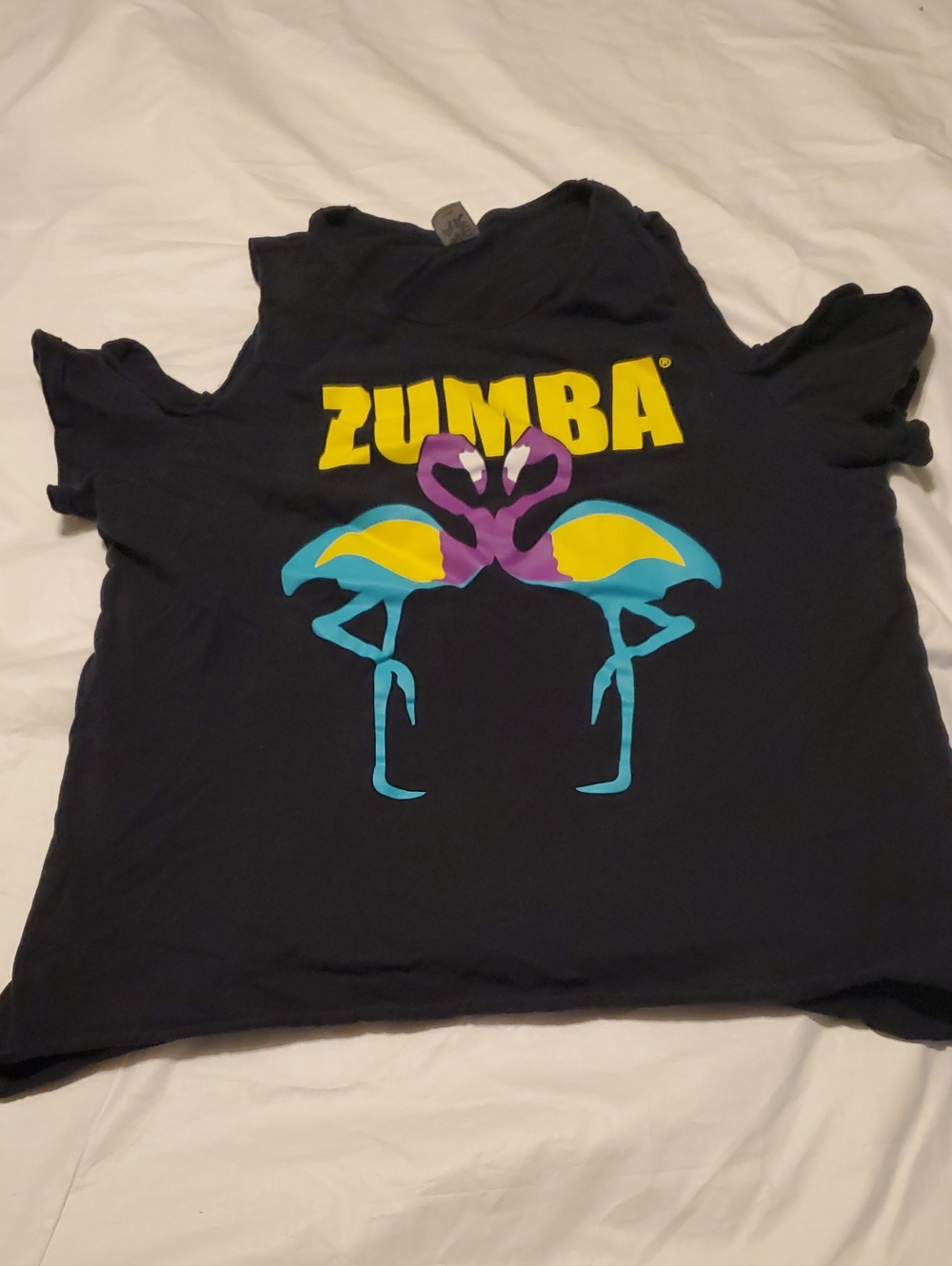 Size Large Zumba Black Cold Shoulder Tee with Yellow Logo & Colorful Flamingos